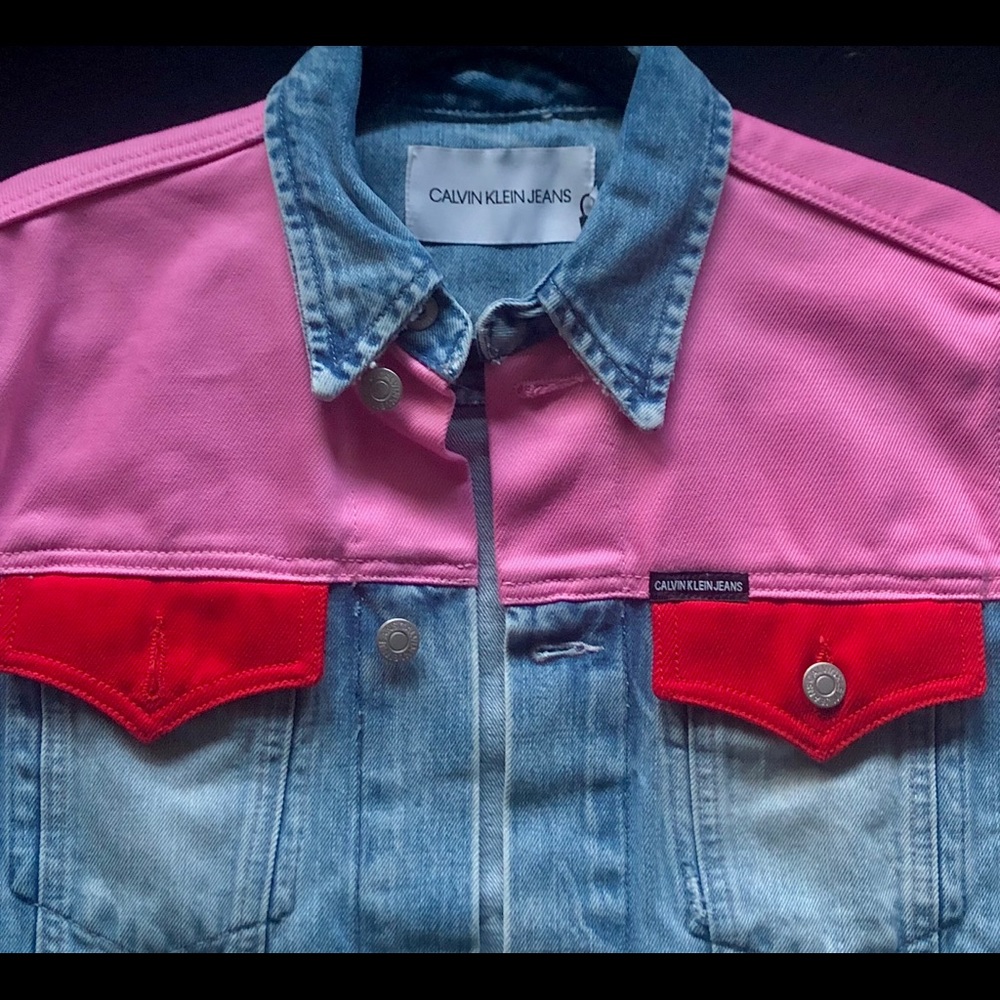calvin klein pink red and blue denim jacket!